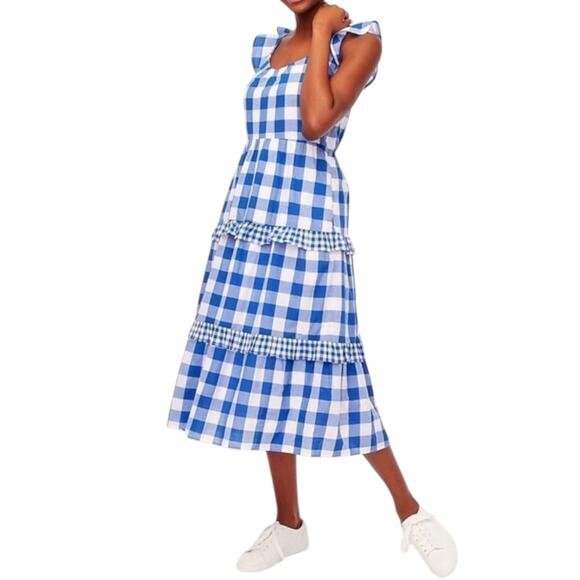 J. Crew Factory Dresses & Skirts - J. Crew Flutter-Sleeve Ruffle-Tiered Midi Dress Cotton Gingham Blue Size XXL